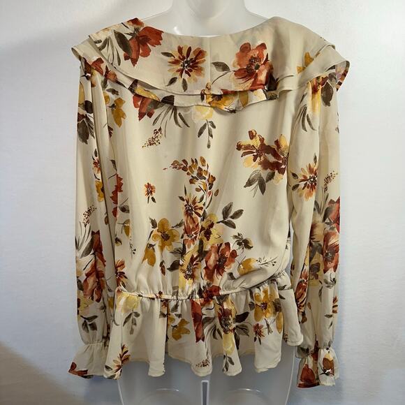 Ruffle Floral Peplum Blouse Long Sleeve V Neck Fall Top Cottagecore Boho M - Picture 3 of 6